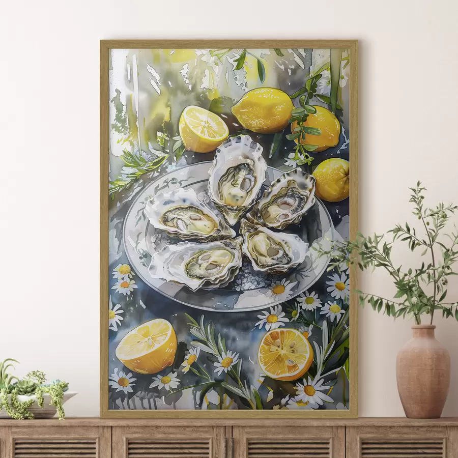 fotószőnyeg Elegáns osztriga a tányéron, citrom és virág, nyári színek, mediterrán f39710
