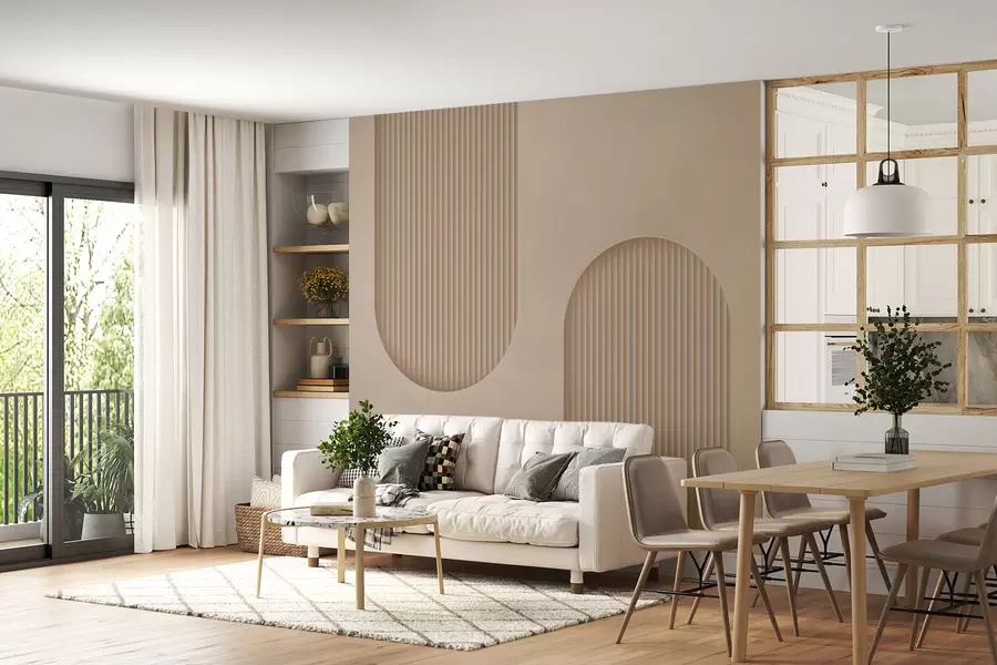 fotószőnyeg Art Deco texturált tapéta meleg bézs tónusokban. Térfogatívek utánzása    w08048