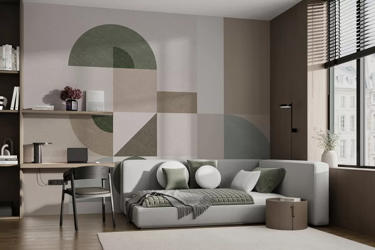 fotószőnyeg Absztrakt texturált geometria Art Deco stílusban, bézs, barna és zöld árnyalatokban w08049