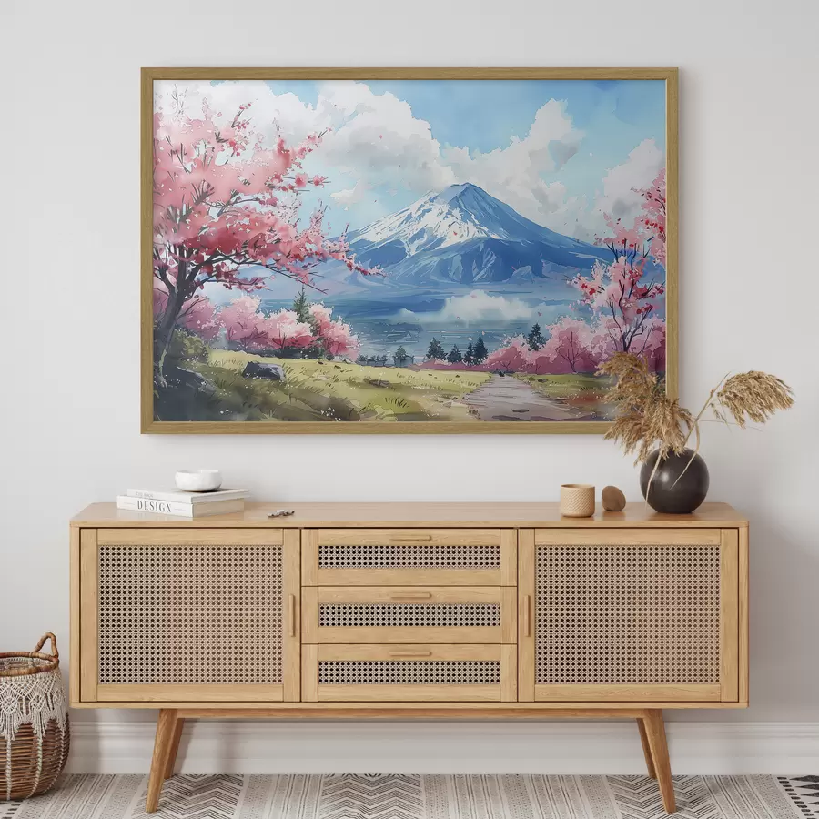 fotószőnyeg Hegyi Fuji táj, tavasszal virágzó természet, cseresznyefák, japán f39777