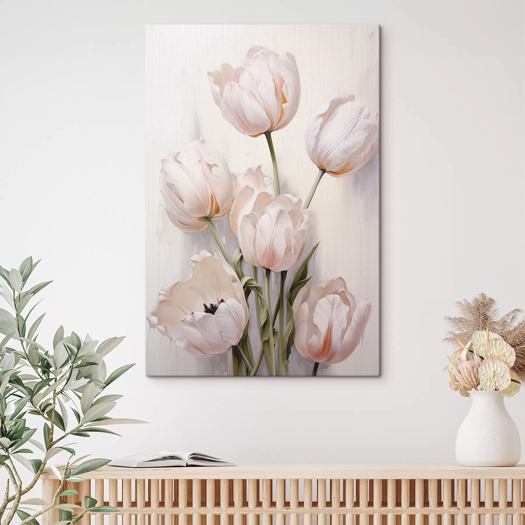 fotótapéta Fehér tulipán, világos háttér olajfestmény s39821