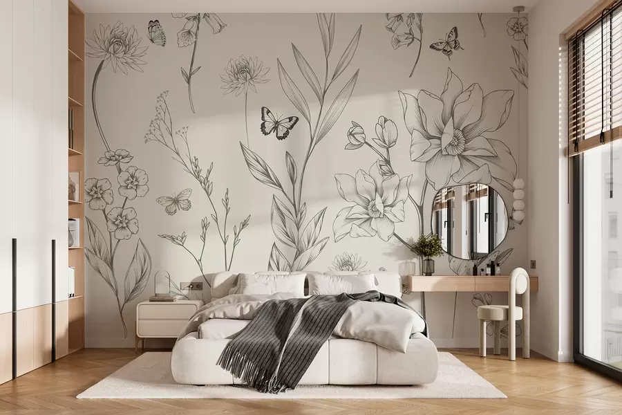 fotószőnyeg Boho monokróm virágok és pillangók w08088
