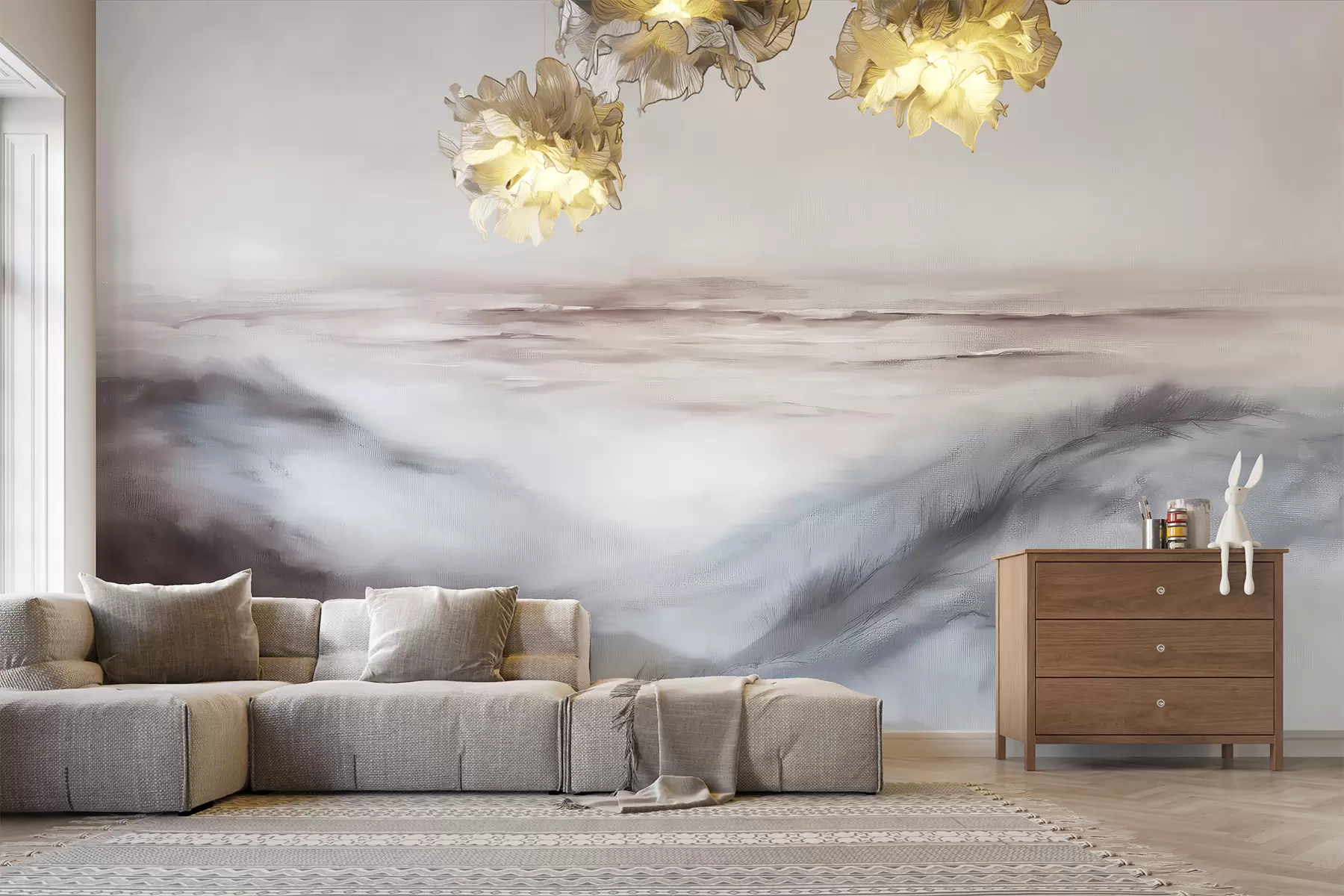 fotószőnyeg Absztrakt tájkép pasztell színekben, ecsetvonásokkal, strand, tenger, szürke színpaletta w08141