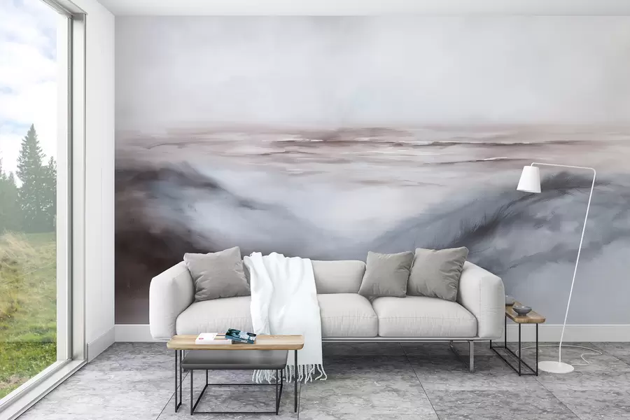 fotószőnyeg Absztrakt tájkép pasztell színekben, ecsetvonásokkal, strand, tenger, szürke színpaletta w08141