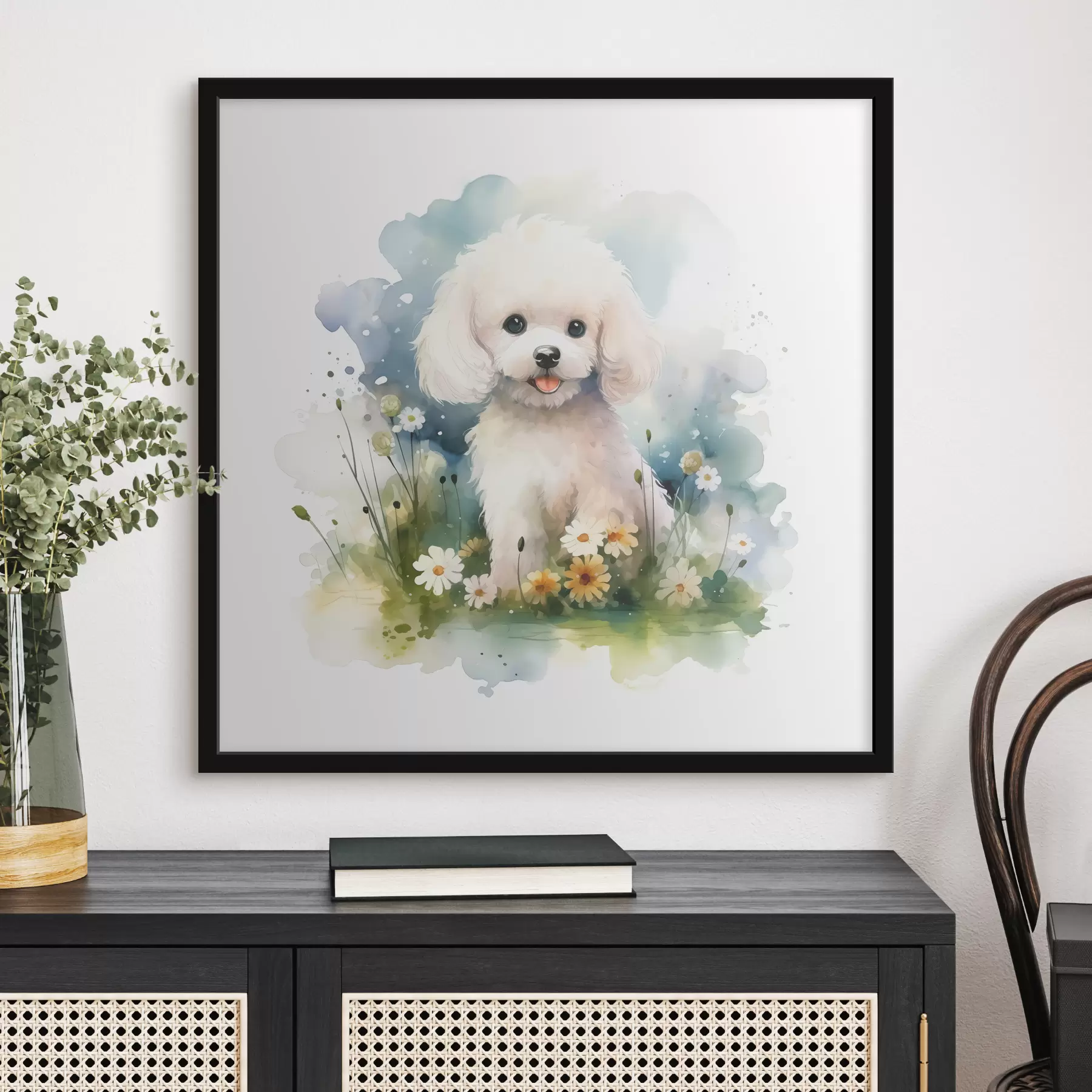 fotószőnyeg Kis fehér uszkár ül egy virágos akvarellben f39928