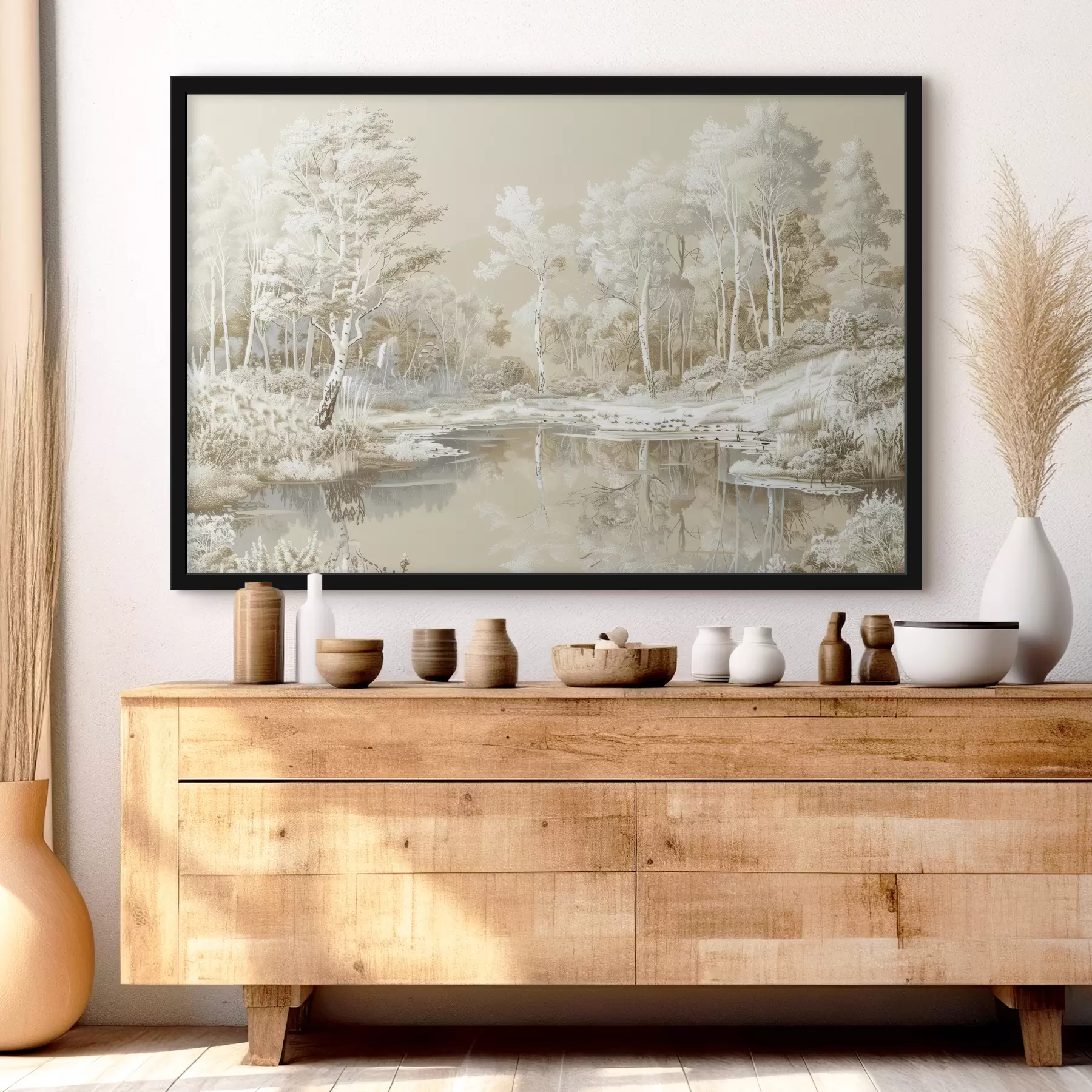 fotószőnyeg Gyönyörű erdei táj, tó és fák, bézs és fehér színben f39979