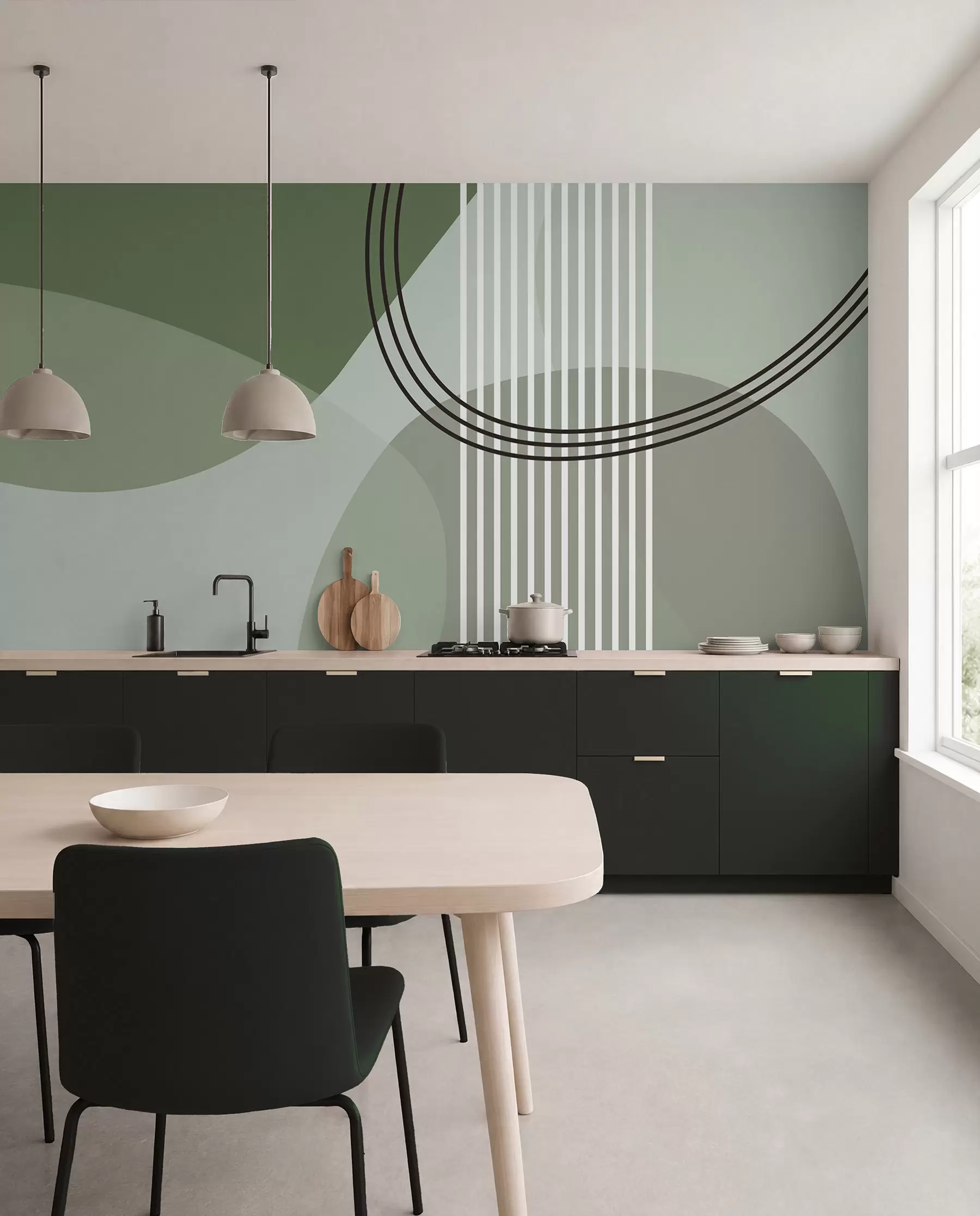 fotószőnyeg Geometriai absztrakciós vonal és kör minimalizmus modern stílusú zöld szín w08173v1