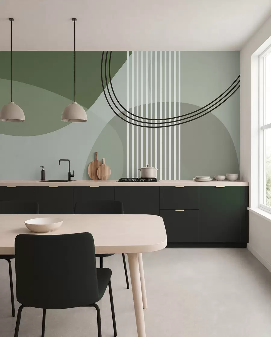 fotószőnyeg Geometriai absztrakciós vonal és kör minimalizmus modern stílusú zöld szín w08173v1