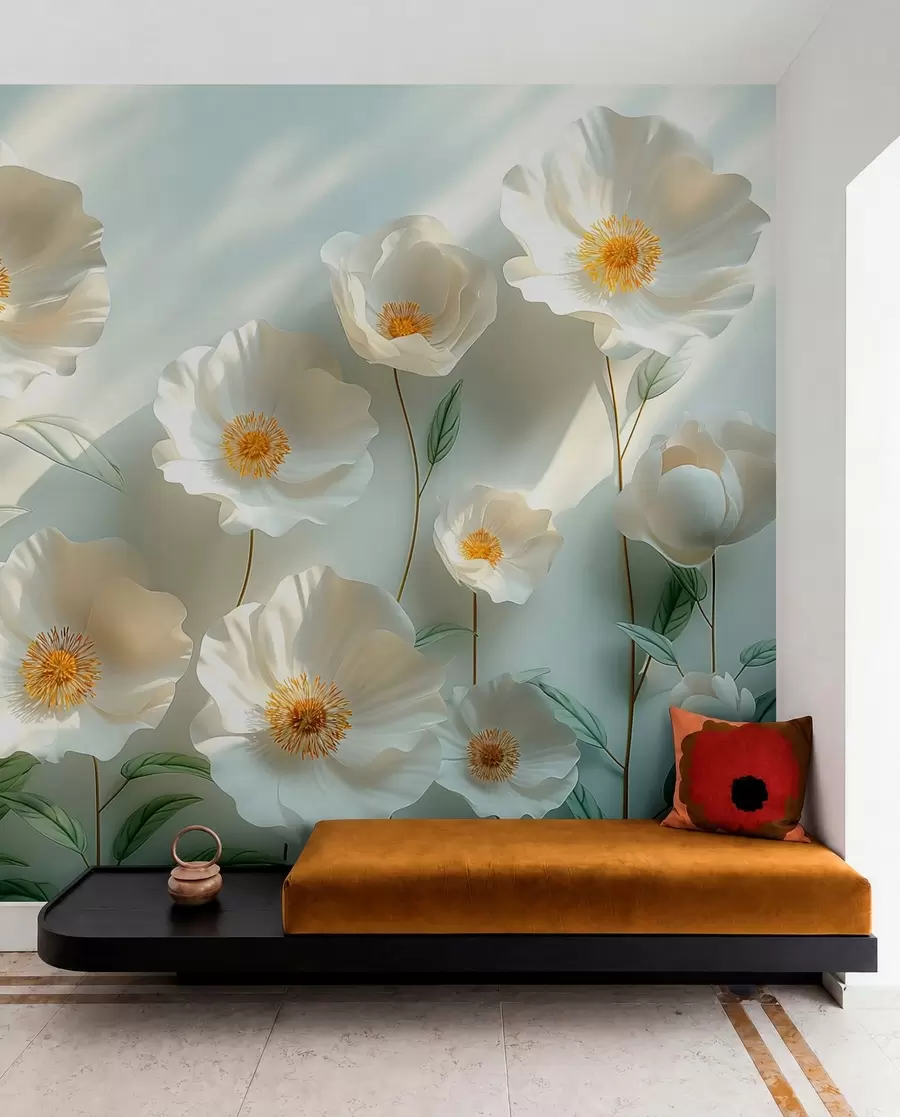 fotószőnyeg Fehér pipacsok a falhoz, napfénnyel és 3D hatással w01339