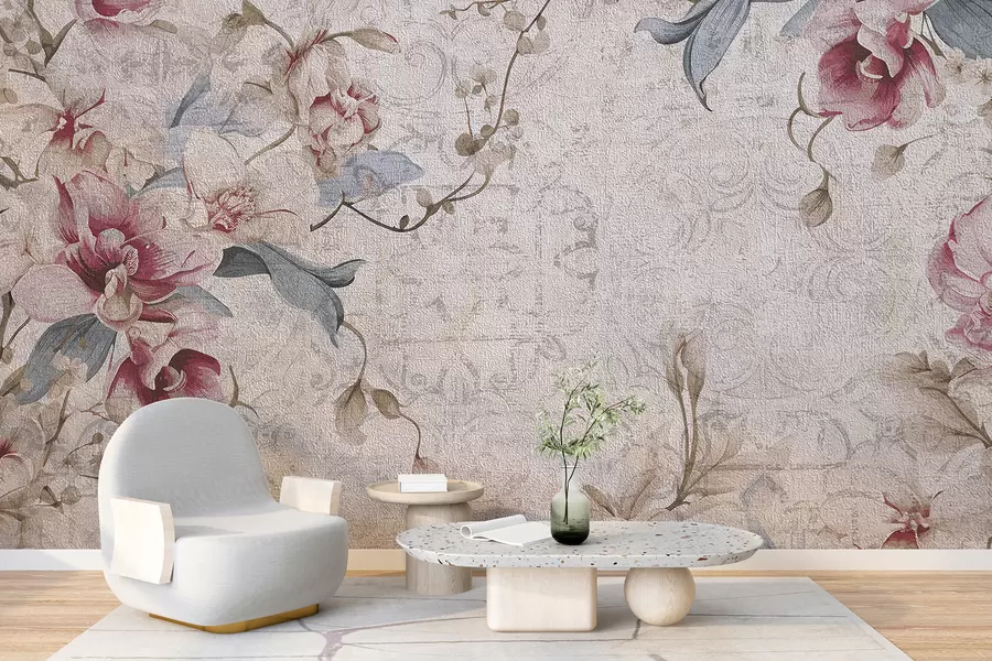 fotószőnyeg Vintage virágmintás finom rózsaszín és fehér virágokkal, levelekkel világos bézs alapon w08149