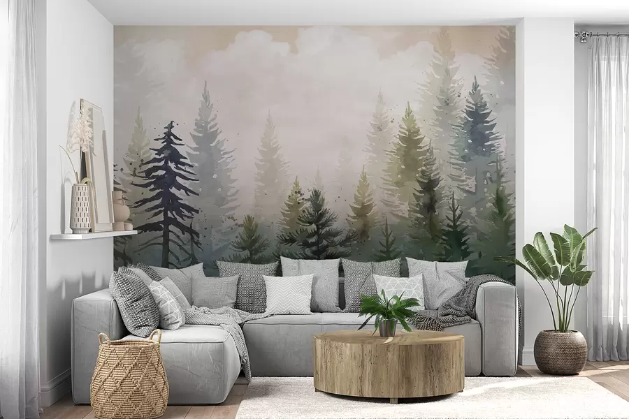 fotószőnyeg Magas, örökzöld fenyőfák erdeje ködös környezetben, puha, ködös felhőkkel teli táj w08160