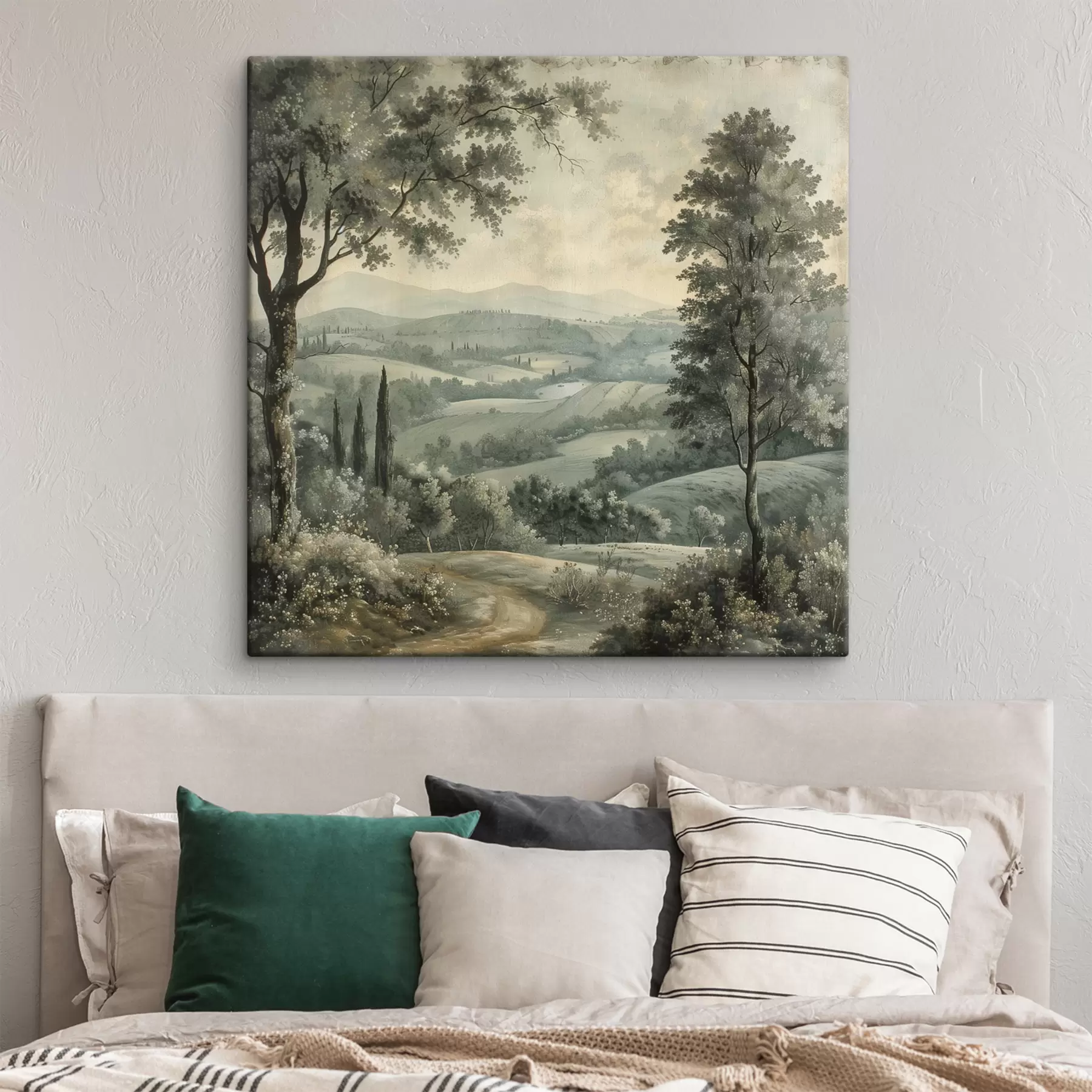 fotószőnyeg Vintage olasz táj, rusztikus stílus, pasztell színek, dombok fákkal, boho s40086