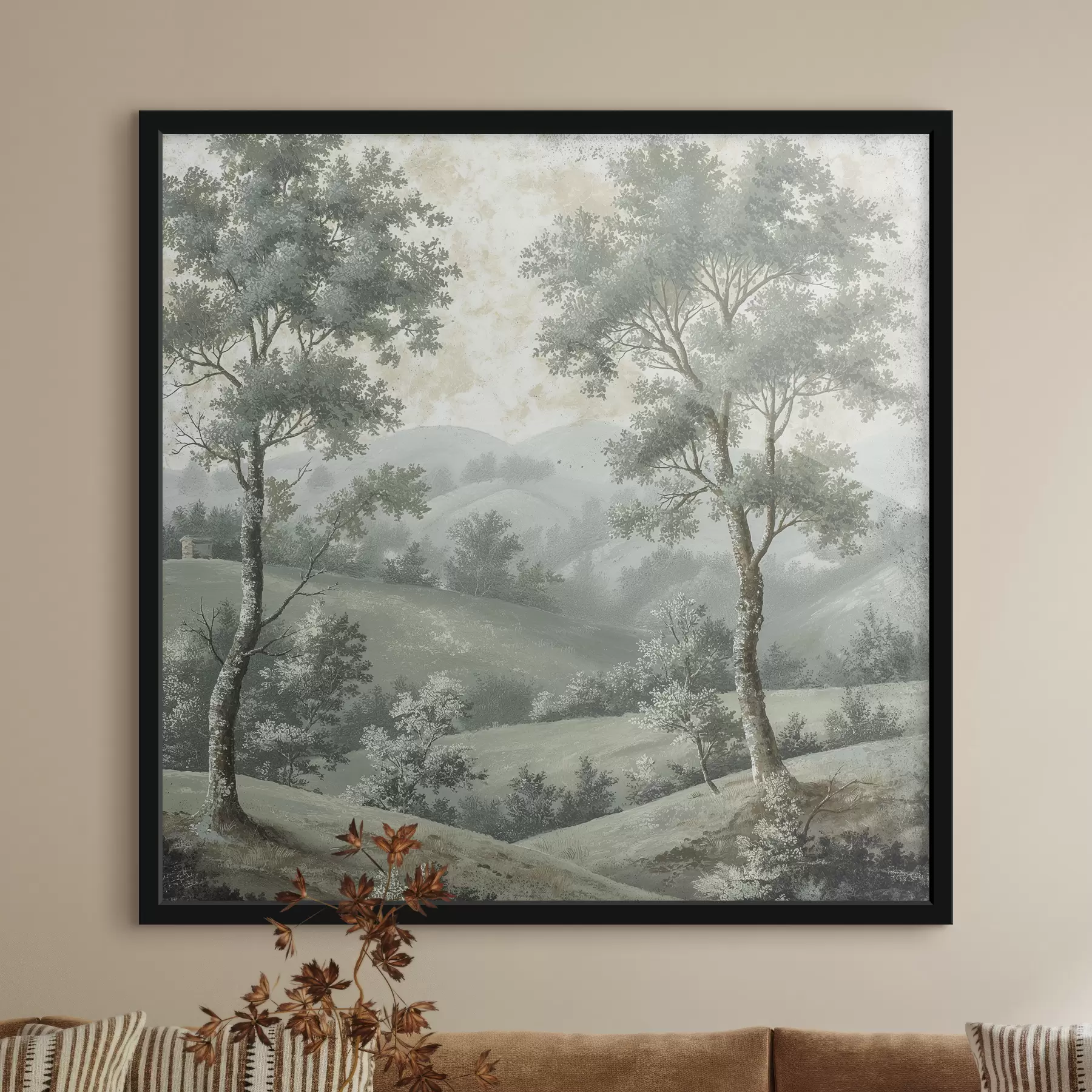 fotótapéta Vintage táj, rusztikus stílus, pasztell színek, rét fákkal, boho f40085