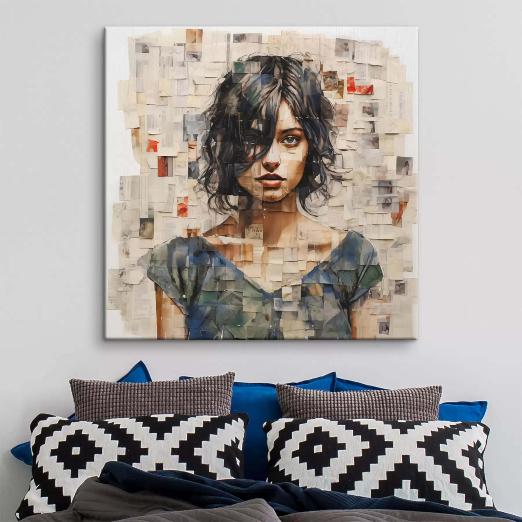 fotótapéta Egy göndör hajú lányt matricák, bélyegek és vonalkód borítanak s40104