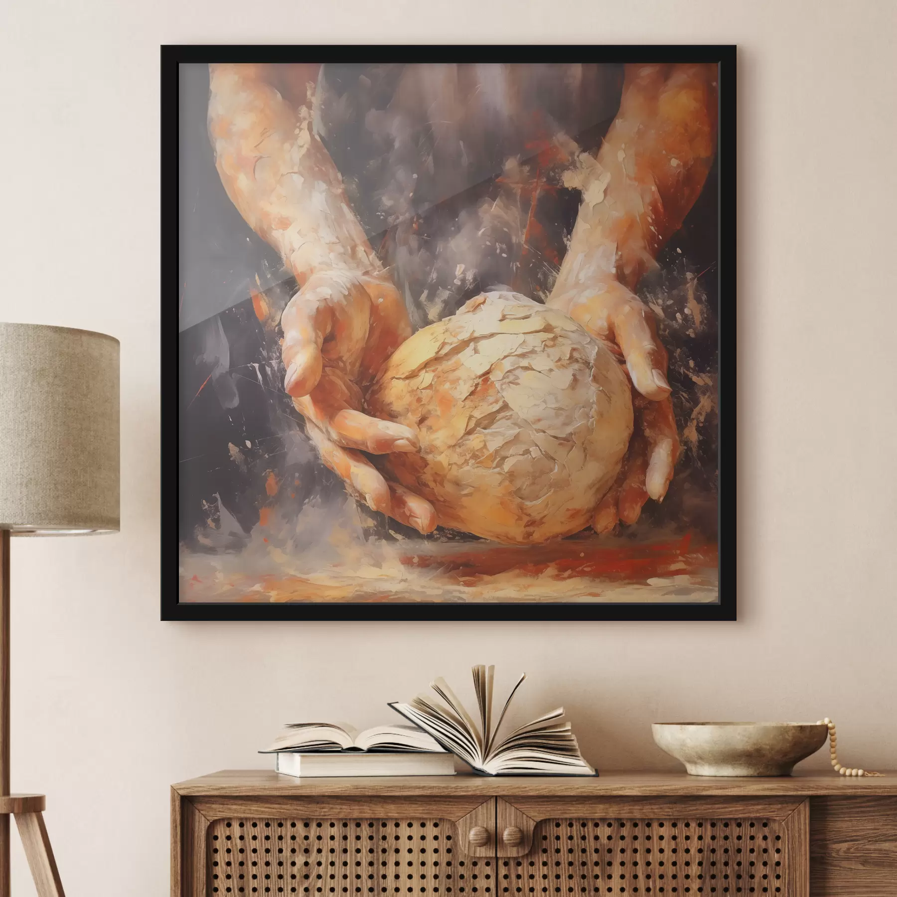 fotószőnyeg Pék keze tartja a tésztát, olajfestmény utánzata f40095