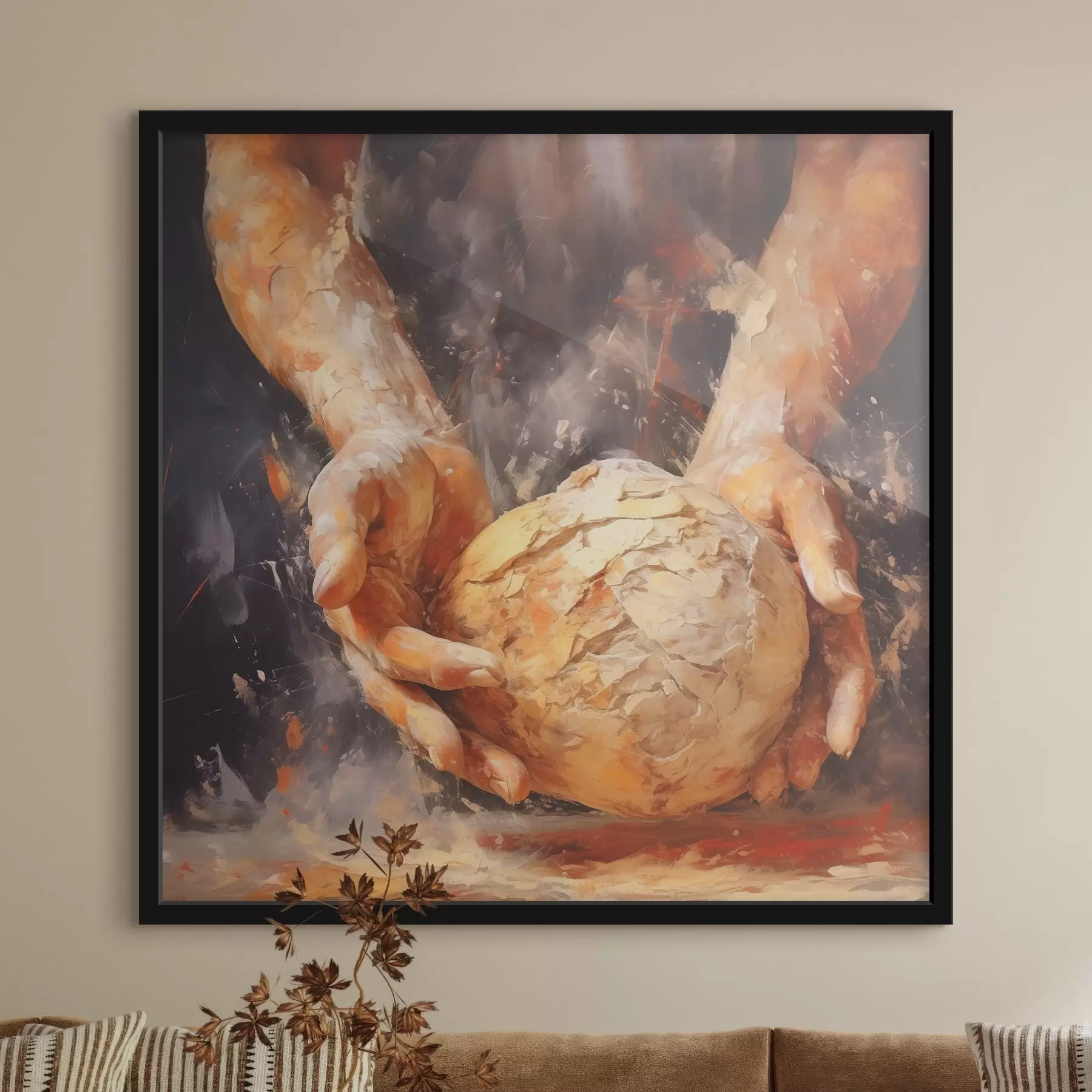 fotószőnyeg Pék keze tartja a tésztát, olajfestmény utánzata f40095