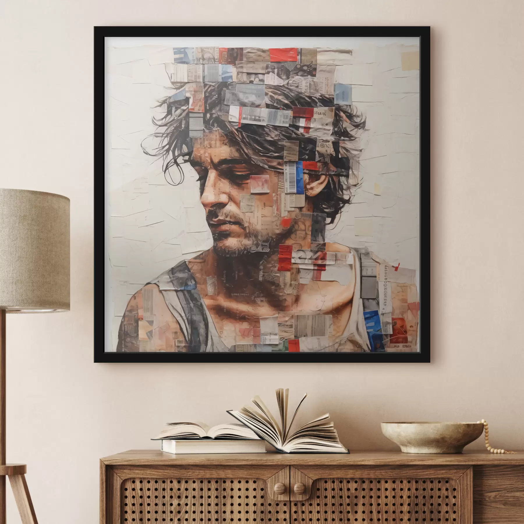 fotószőnyeg Egy göndör hajú férfi matricákkal, bélyegekkel és vonalkóddal borítva f40103