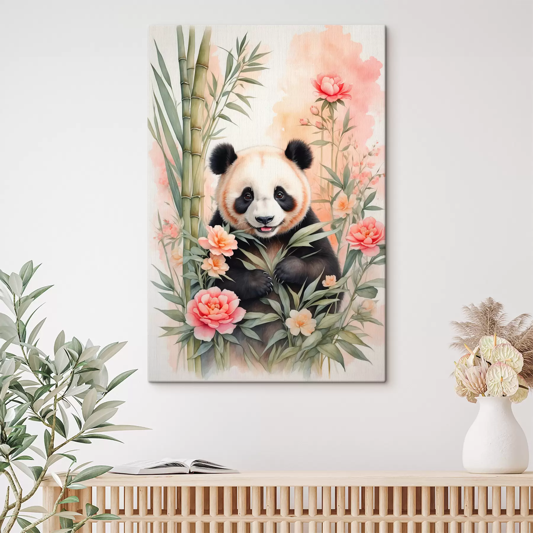 fotótapéta Panda virágokkal és bambusszal s40125