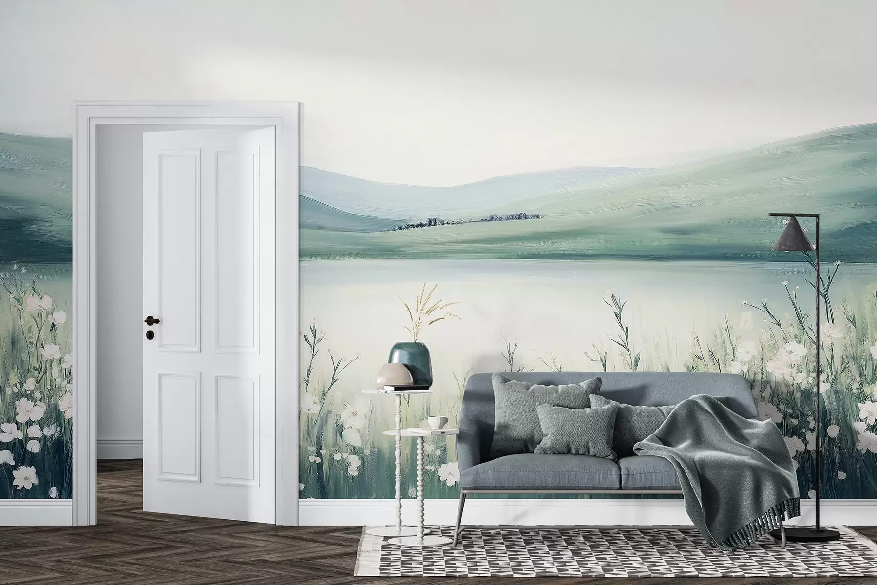 fotószőnyeg Virágos rét, természeti táj, tó, zöld és kék színpaletta  w01387v1