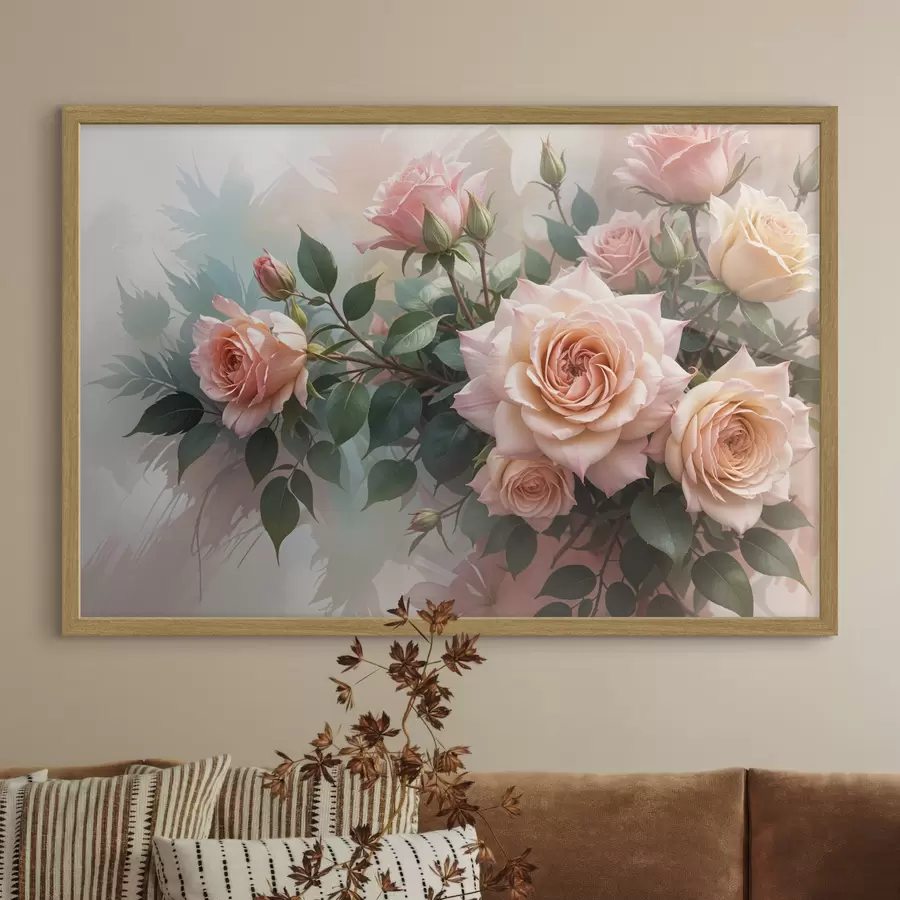 fotószőnyeg Egy csokor gyönyörű rózsaszín rózsa zöld levelekkel, puha, elmosódott háttér előtt f40168