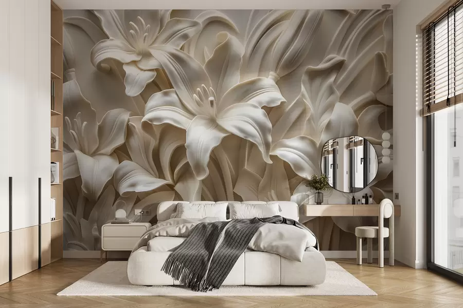fotószőnyeg Elegáns bézs 3D-s dombormű faragott liliomokból w01433