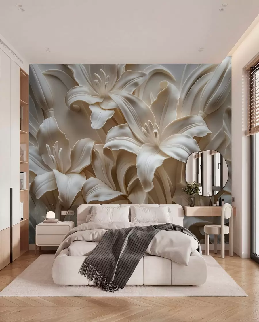 fotószőnyeg Elegáns bézs 3D-s dombormű faragott liliomokból w01433