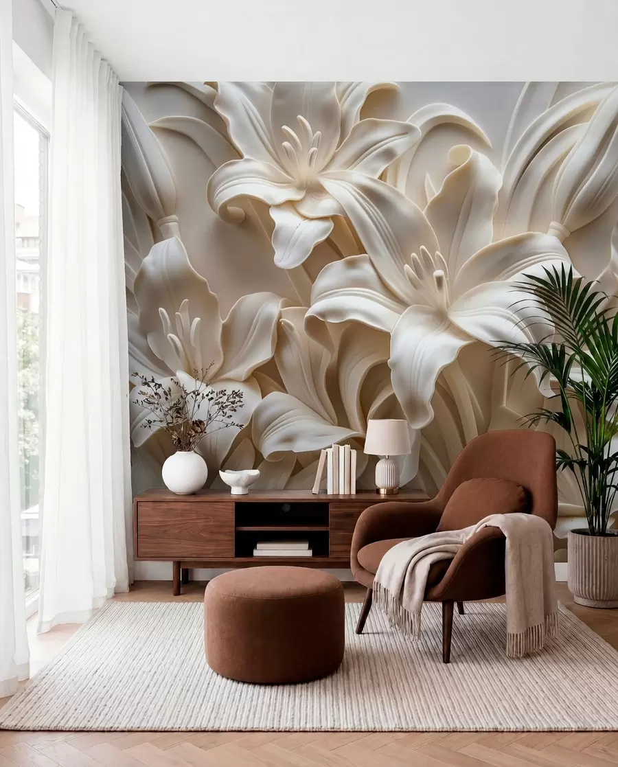 fotószőnyeg Elegáns bézs 3D-s dombormű faragott liliomokból w01433