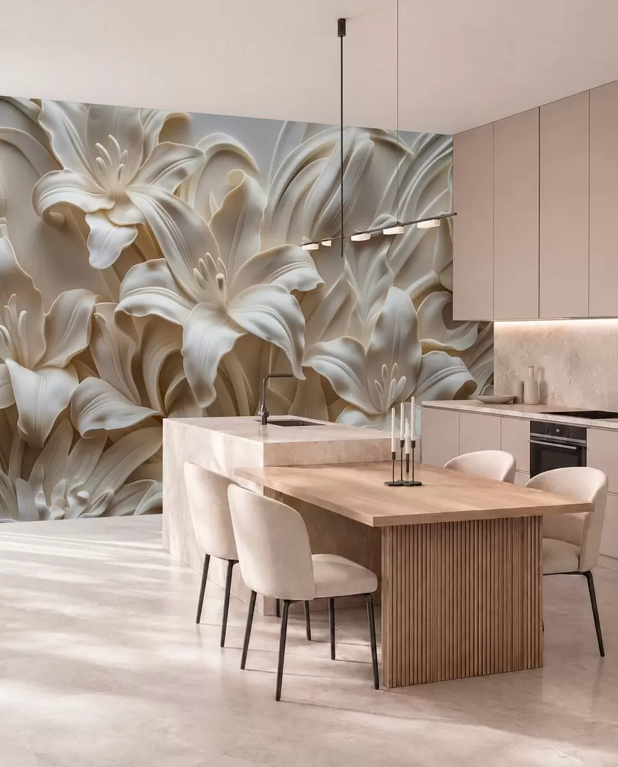 fotószőnyeg Elegáns bézs 3D-s dombormű faragott liliomokból w01433