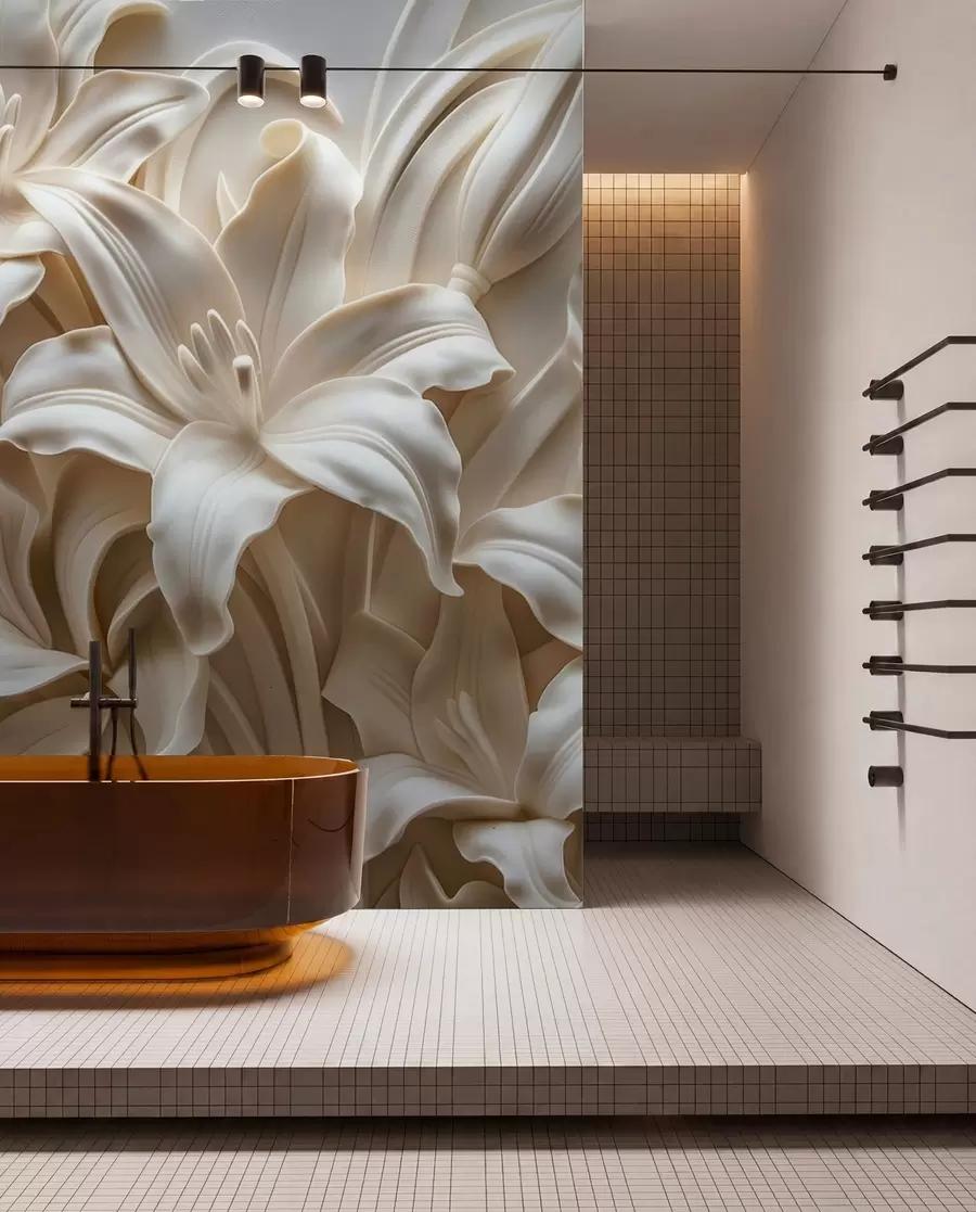 fotószőnyeg Elegáns bézs 3D-s dombormű faragott liliomokból w01433