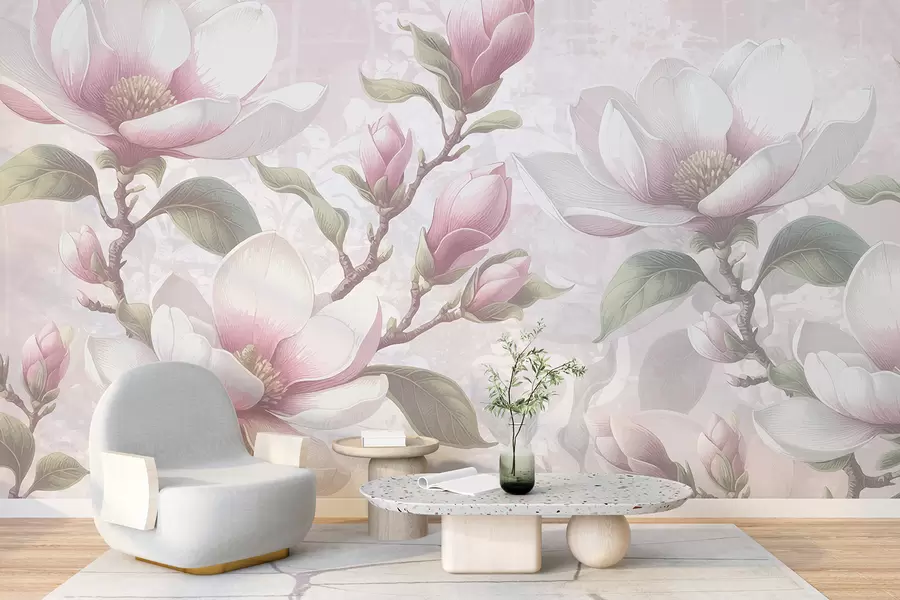 fotószőnyeg Finom rózsaszín magnólia virágok teljes virágzásban, puha, elmosódott háttér előtt w08216