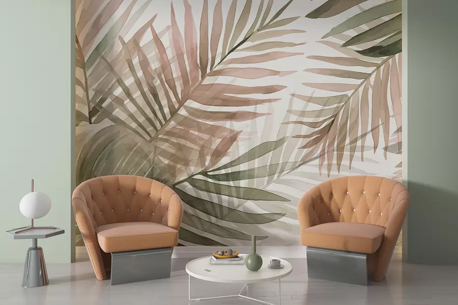 fotószőnyeg Pálma akvarell levelek a zöld és rózsaszín különböző árnyalataiban világos háttér előtt w08218