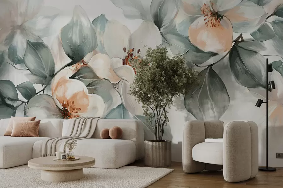 fotószőnyeg Finom fehér és rózsaszín magnólia virágok lágy zöld levelekkel, világos háttér előtt w08220