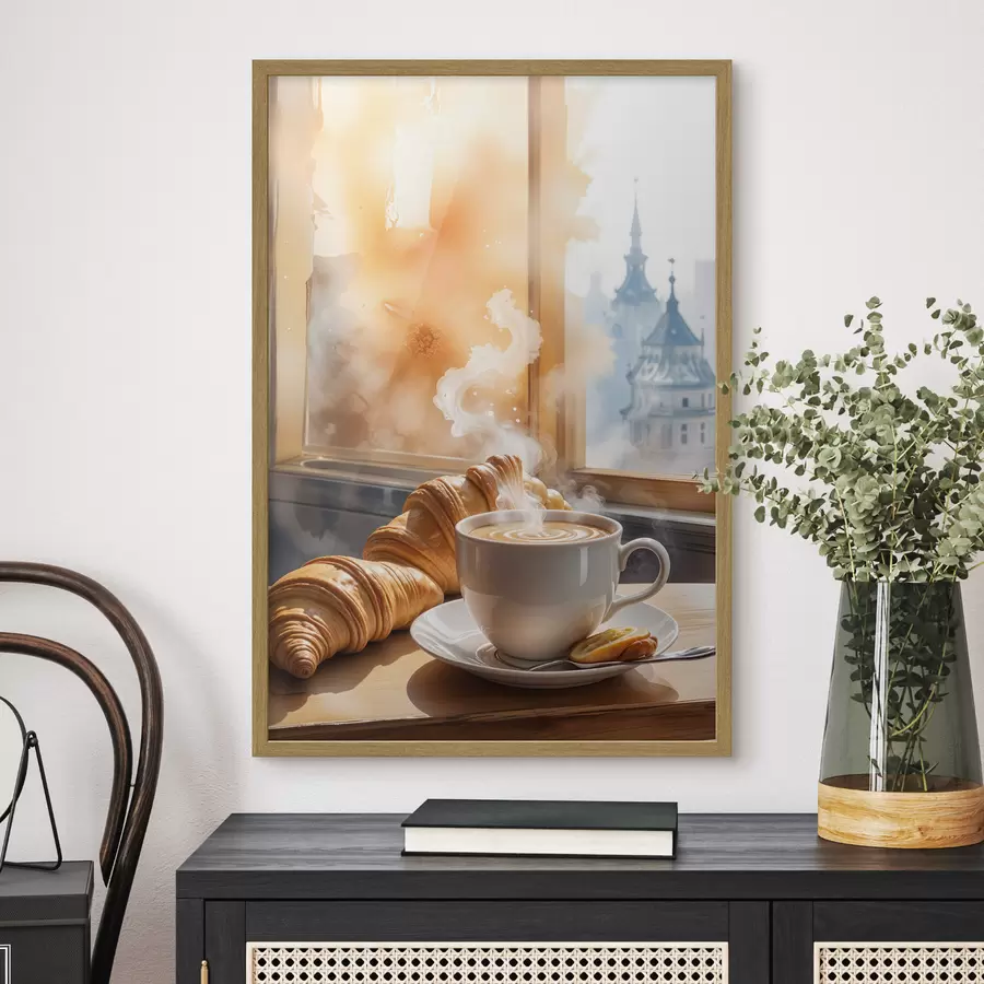 fotószőnyeg Egy meleg csésze kávé felszálló gőzzel, egy asztalon egy croissant mellett, kilátással egy történelmi épületre f40405