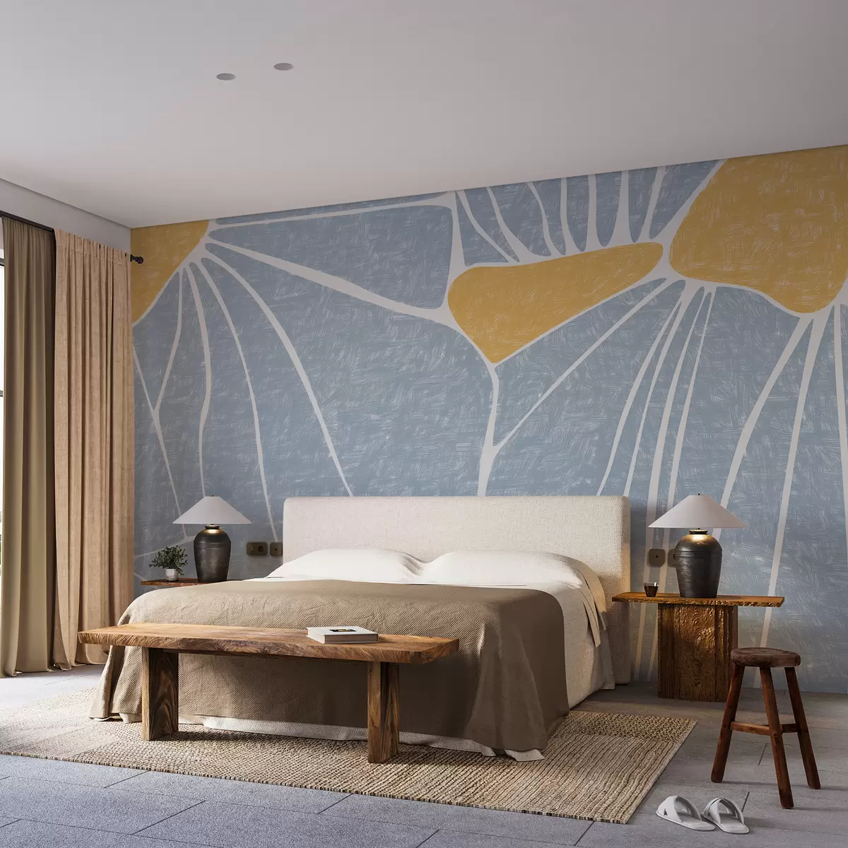 fotószőnyeg Absztrakt virágmintás, sárga és kék, texturált w01007