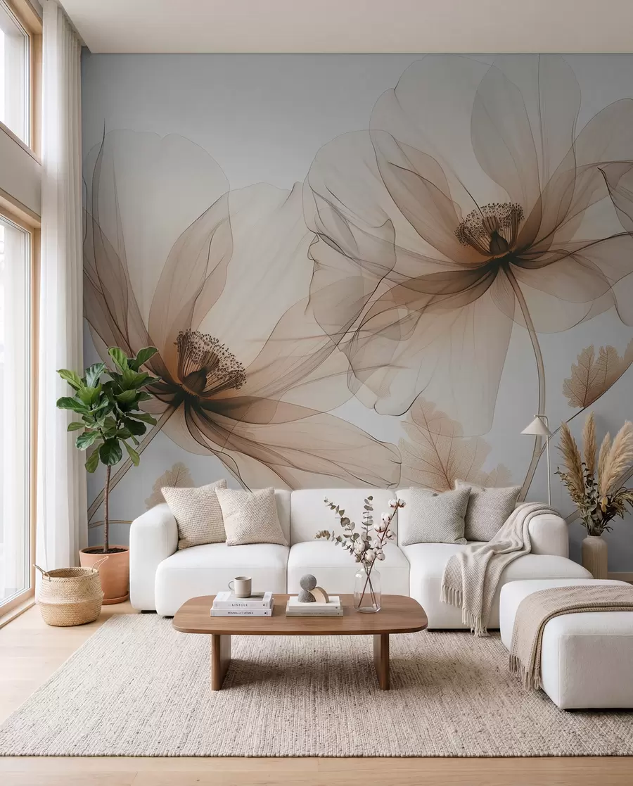 fotószőnyeg Finom röntgen stílusú átlátszó virág fehér alapon Minimalista monokróm botanikai design w01482