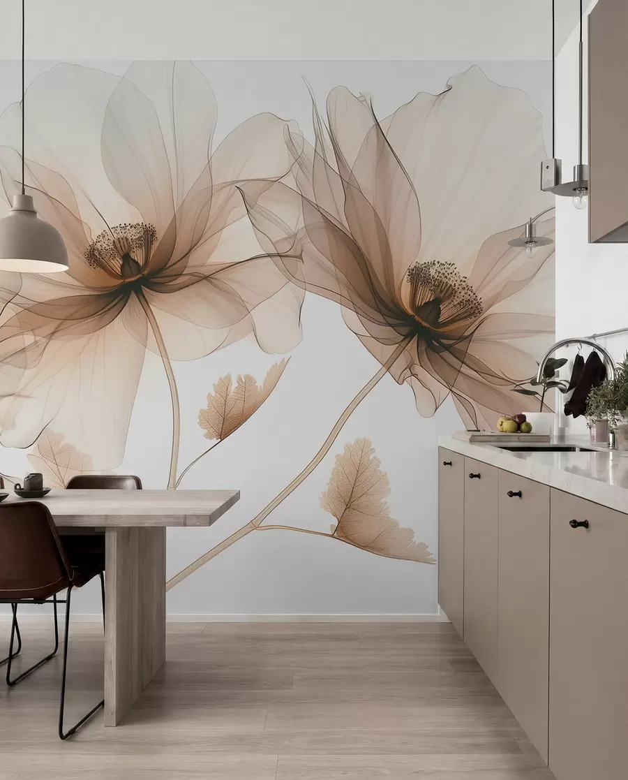 fotószőnyeg Finom röntgen stílusú átlátszó virág fehér alapon Minimalista monokróm botanikai design w01482