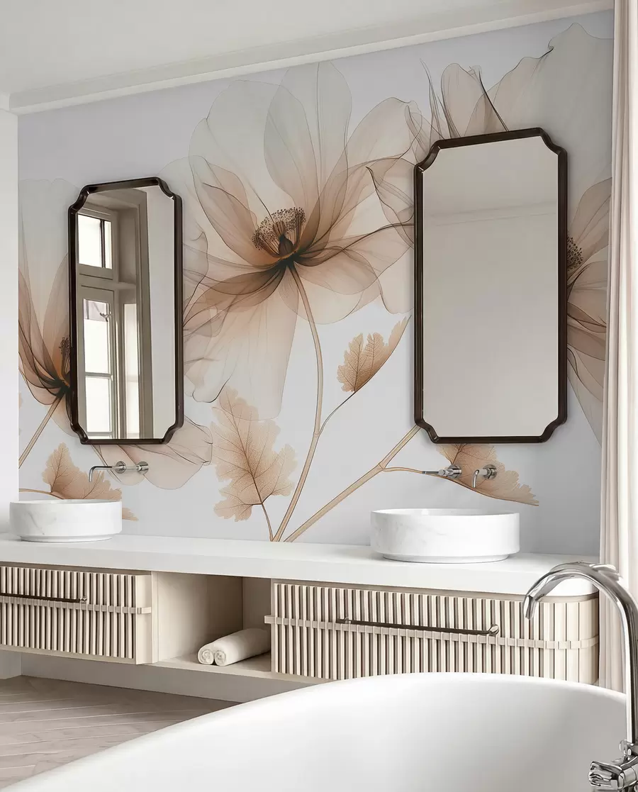 fotószőnyeg Finom röntgen stílusú átlátszó virág fehér alapon Minimalista monokróm botanikai design w01482