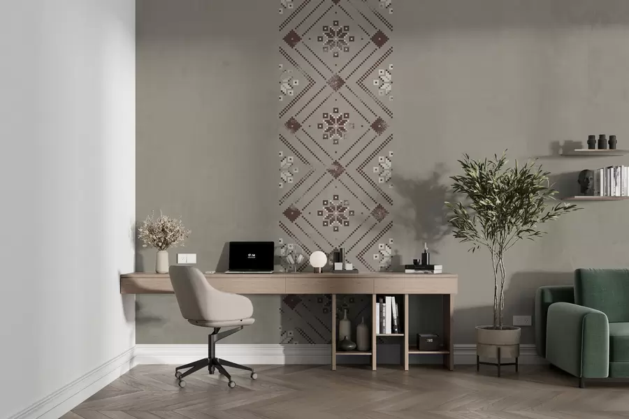 fotószőnyeg Hazafias textúrájú tapéta minimalista ukrán stílusú, barna árnyalatú díszítéssel w01027v1