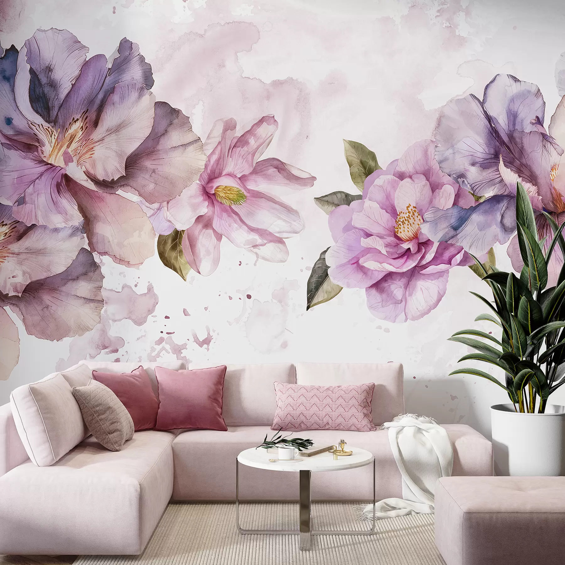 fotószőnyeg Finom rózsaszín és lila akvarell virágok puha szirmokkal és zöld levelekkel világos háttér előtt w08238