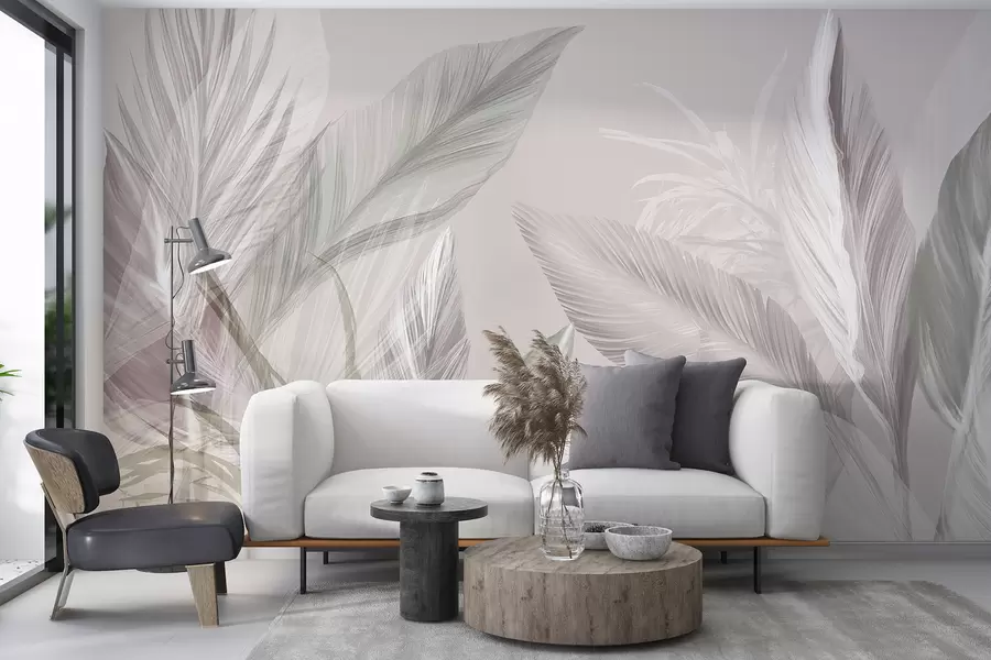 fotószőnyeg Puha fehér, rózsaszín és szürke tollak és világos háttér előtt lebegő trópusi levelek w08241v1