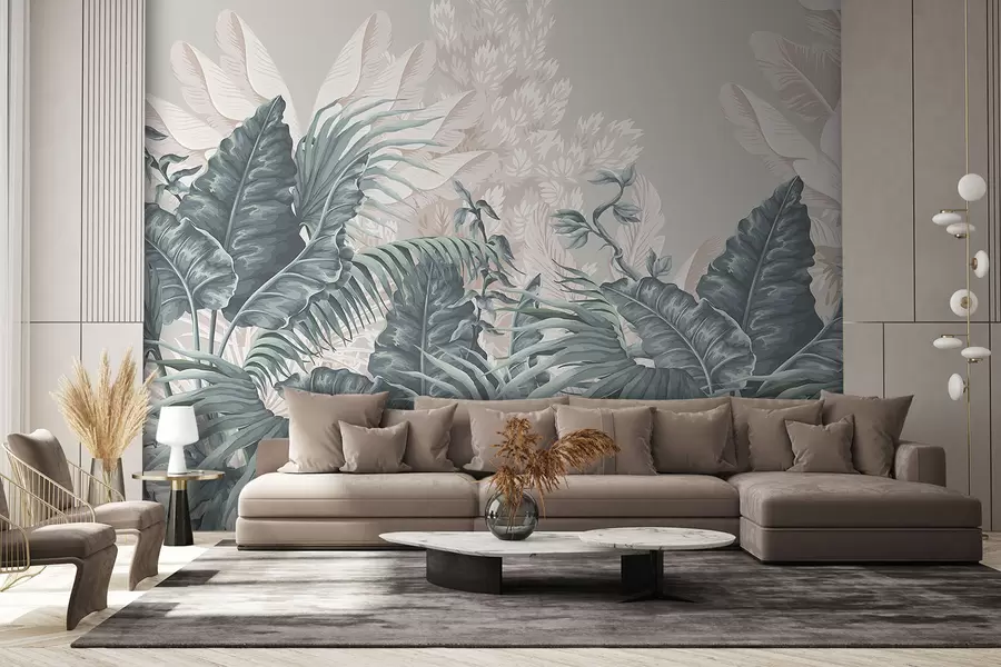 fotószőnyeg Trópusi dzsungel jelenet nagy zöld levelekkel és virágokkal az előtérben, buja hangulatot teremtve w08242