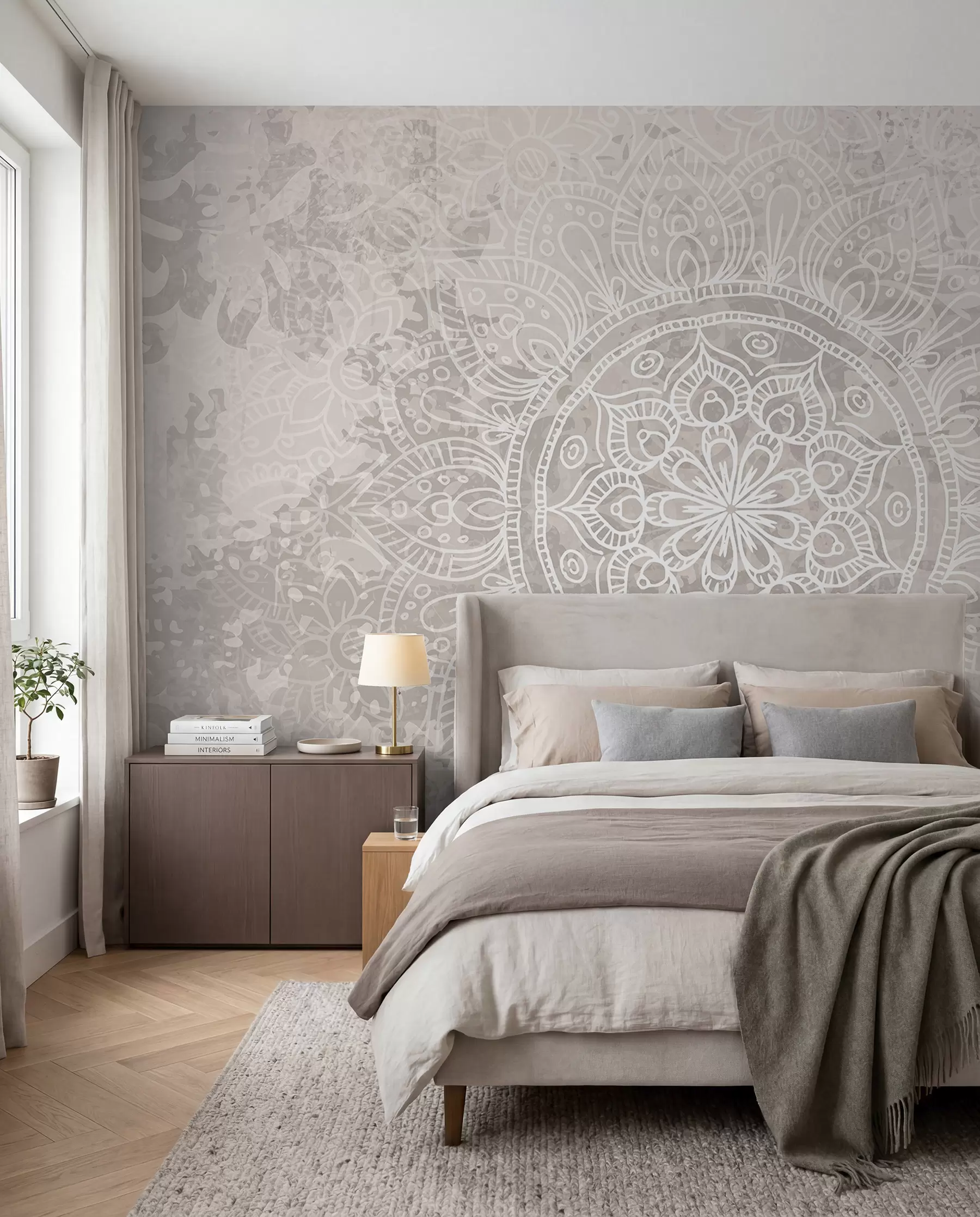 fotószőnyeg Részletes fehér mandala minta világosszürke texturált vintage háttéren w08246