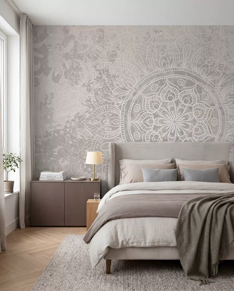 fotószőnyeg Részletes fehér mandala minta világosszürke texturált vintage háttéren w08246