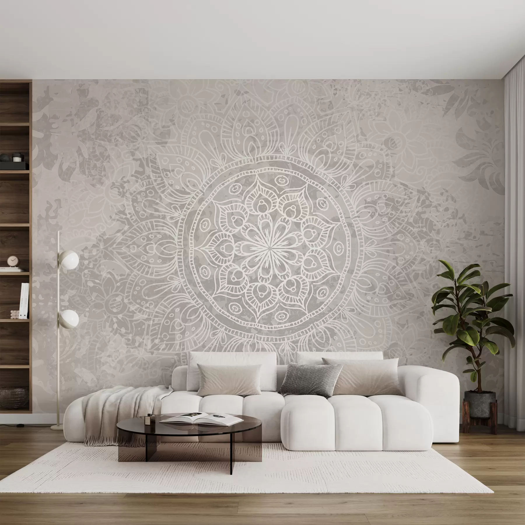 fotószőnyeg Részletes fehér mandala minta világosszürke texturált vintage háttéren w08246