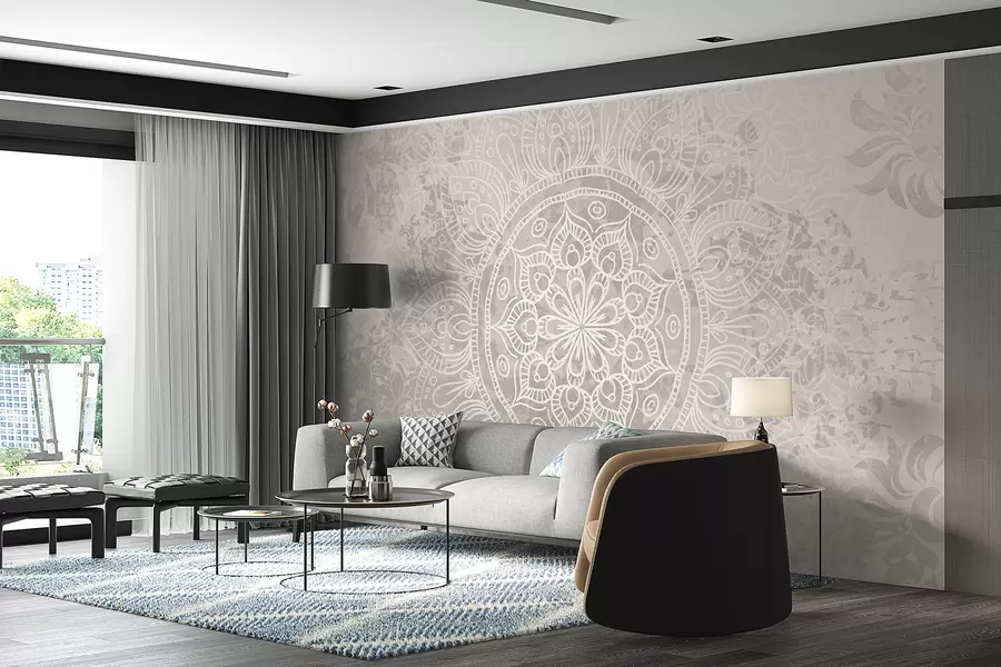 fotószőnyeg Részletes fehér mandala minta világosszürke texturált vintage háttéren w08246