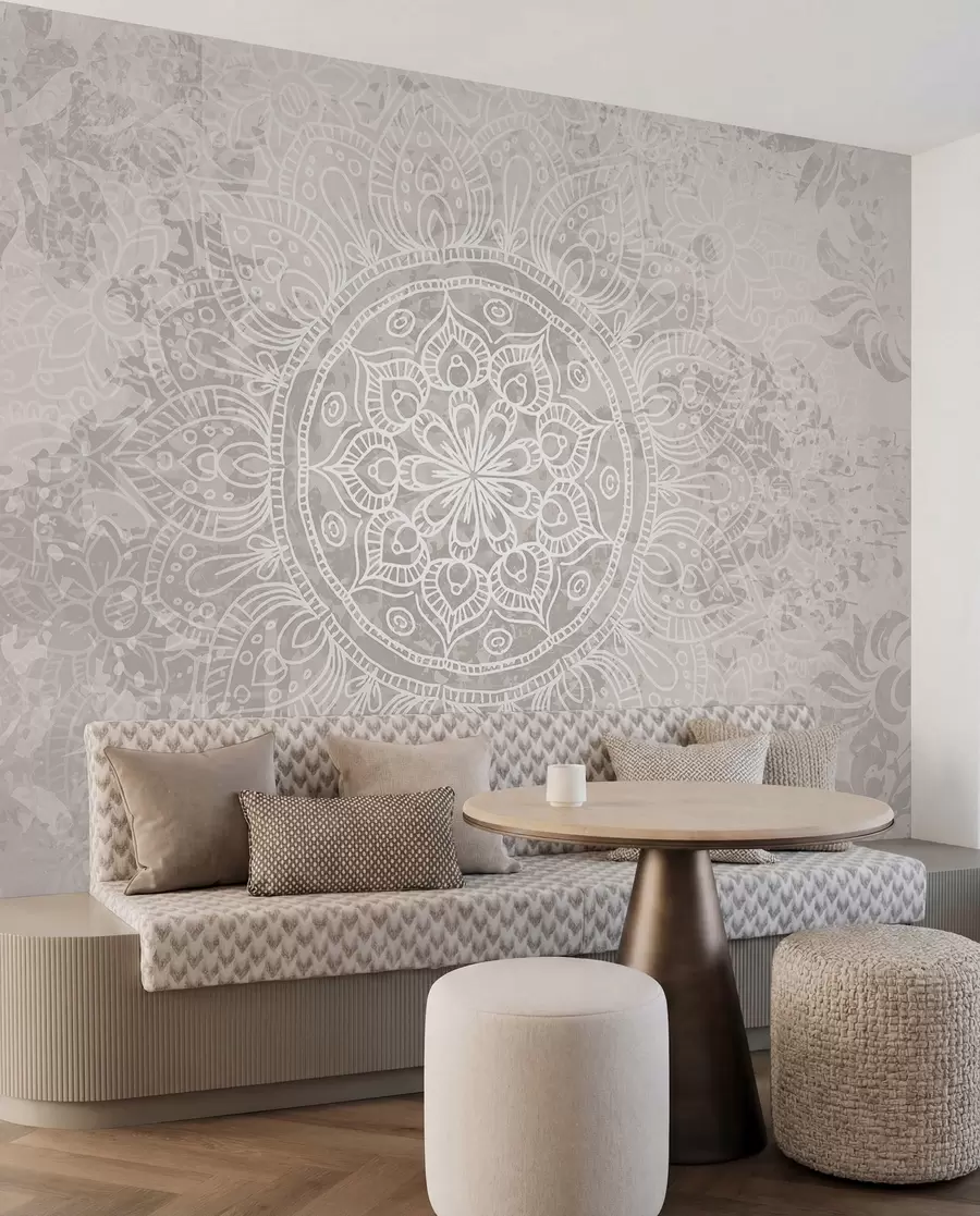 fotószőnyeg Részletes fehér mandala minta világosszürke texturált vintage háttéren w08246