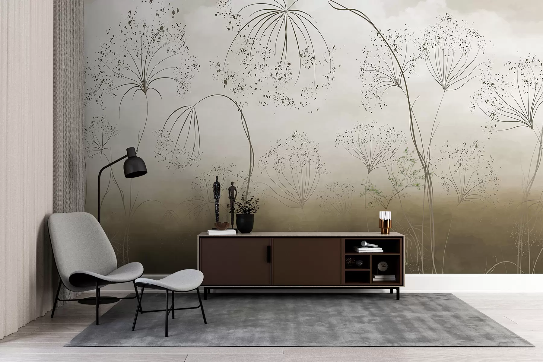 fotószőnyeg Barna, magas, fürtös növények finom, esernyő alakú virágokkal vagy magfejekkel ködös, hangulatos környezetben w08258