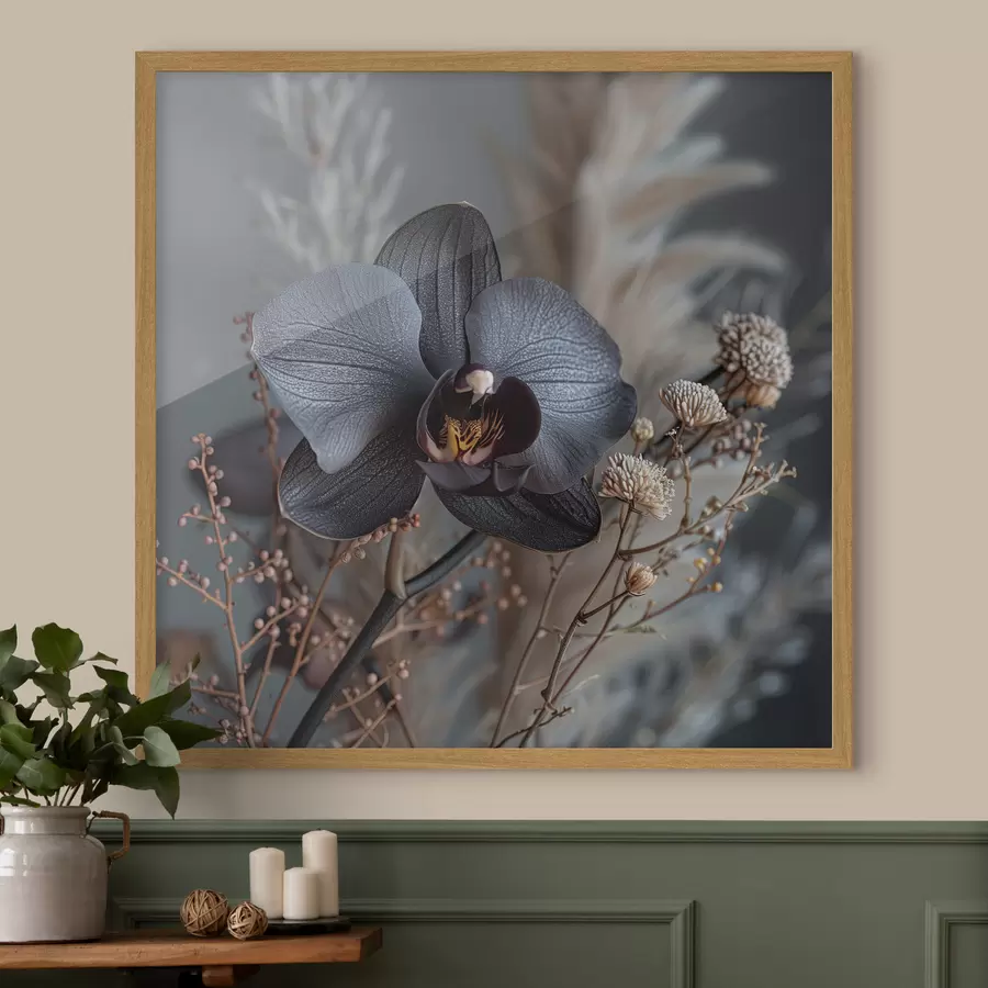 fotószőnyeg Elegáns virágkompozíció fekete orchideából és más szárított virágokból f40661