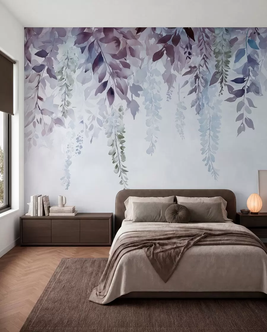 fotószőnyeg Wisteria virág dísz, virágos, akvarell, kék és lila színben w01545v1