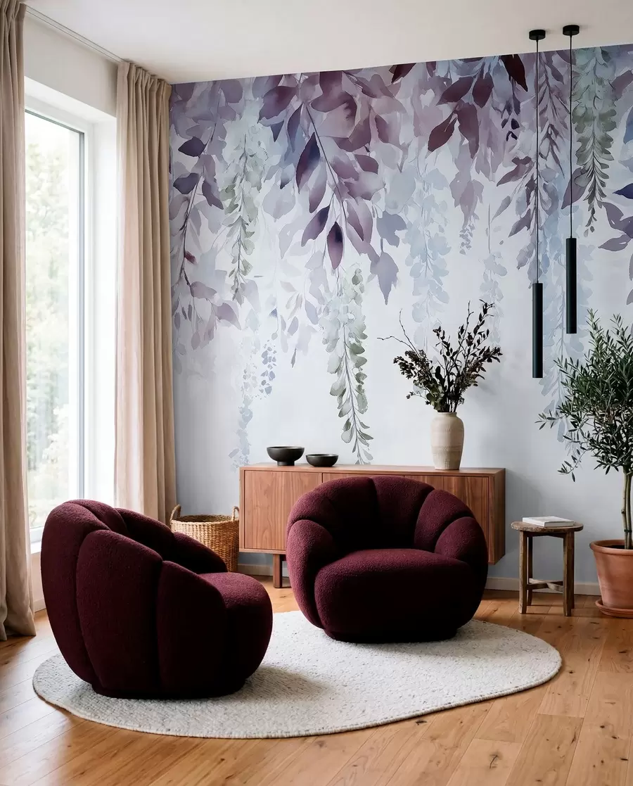 fotószőnyeg Wisteria virág dísz, virágos, akvarell, kék és lila színben w01545v1